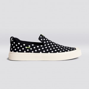 Men Cariuma Low Top Bamboo Weave Knit Vegan IBI Slip-On Black Knit White Polka Dots | XR8345726