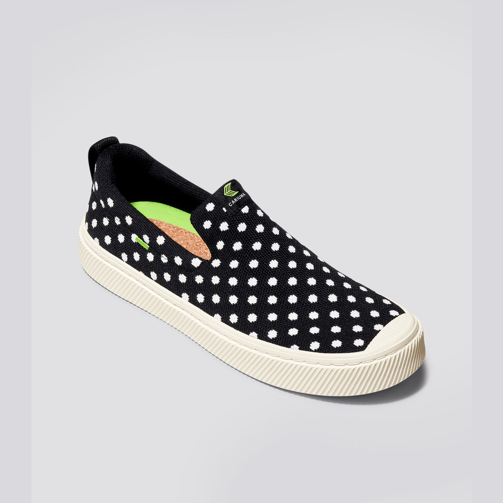 Men Cariuma Low Top Bamboo Weave Knit Vegan IBI Slip-On Black Knit White Polka Dots | XR8345726